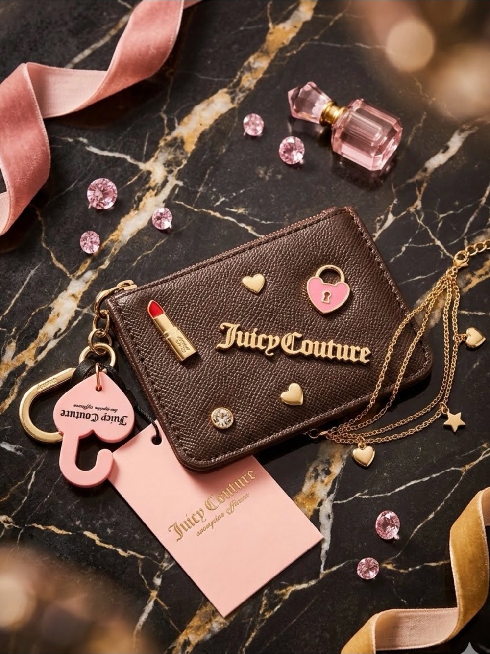 Juicy Couture Brown Card Holder with Pink Heart Lock & Gold Accents